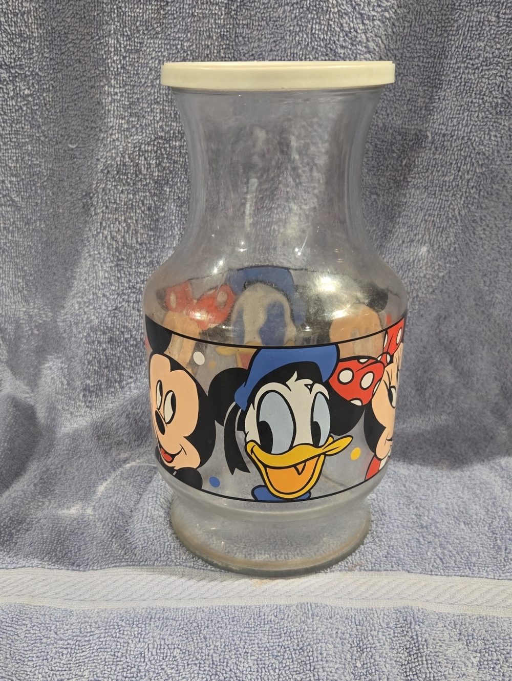 Disney Clear Glass Jar with Mickey, Donald & Minnie Cartoon Band — White Lid